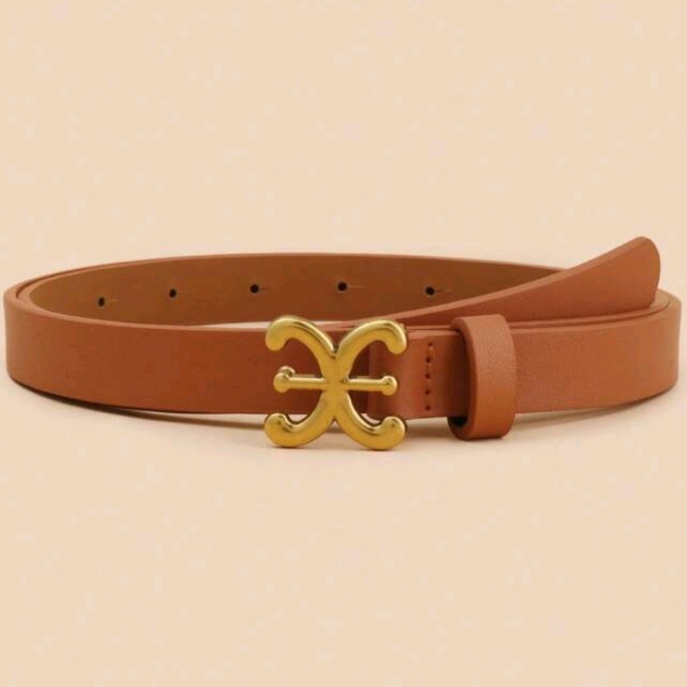 NWOT Faux Leather Skinny Belt w/Gold Logo Buckle, L/XL, Tan
